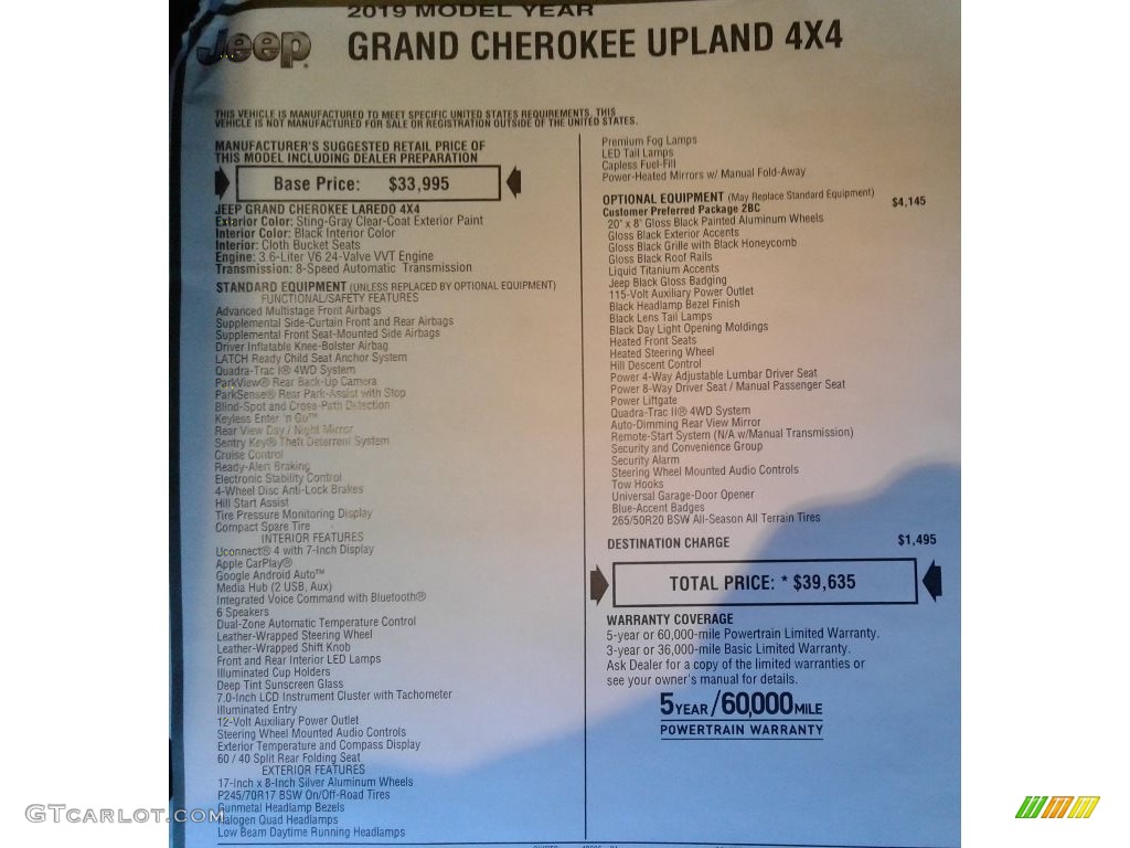 2019 Grand Cherokee Upland 4x4 - Sting-Gray / Black photo #36