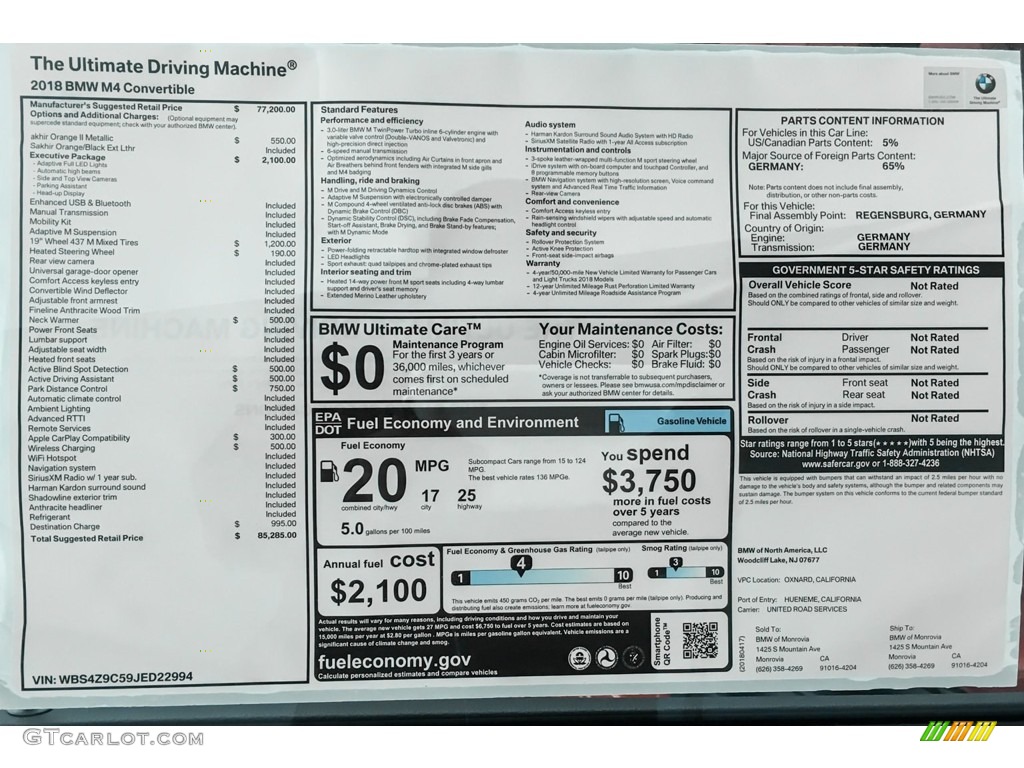 2018 BMW M4 Convertible Window Sticker Photo #131127689