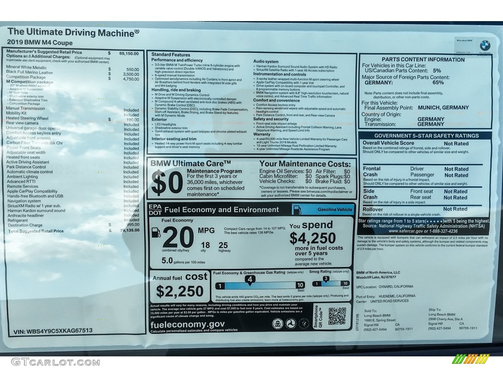2019 BMW M4 Coupe Window Sticker Photo #131146670