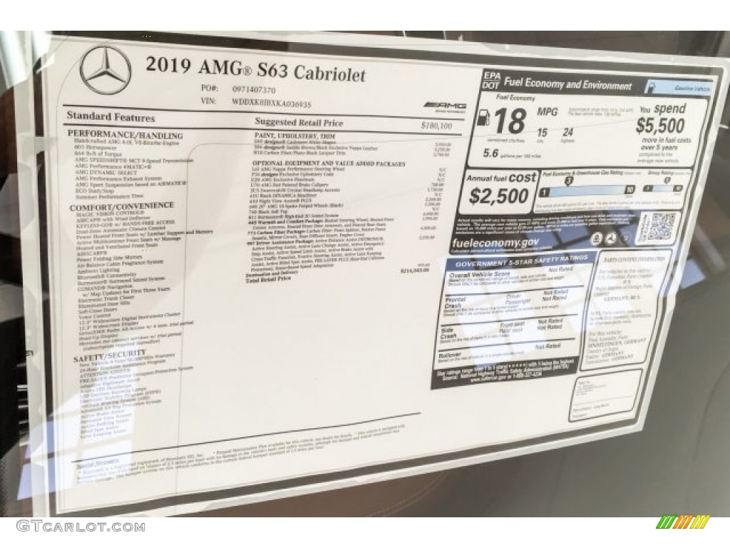 2019 Mercedes-Benz S AMG 63 4Matic Cabriolet Window Sticker Photo #131173688