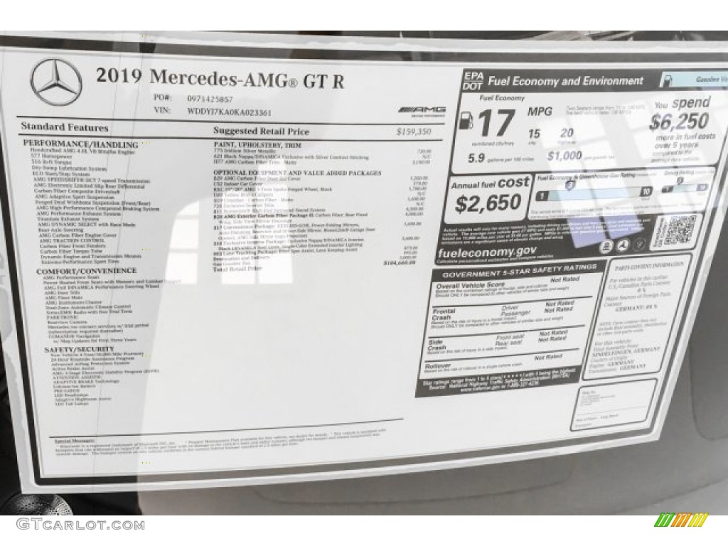 2019 Mercedes-Benz AMG GT R Coupe Window Sticker Photo #131175167