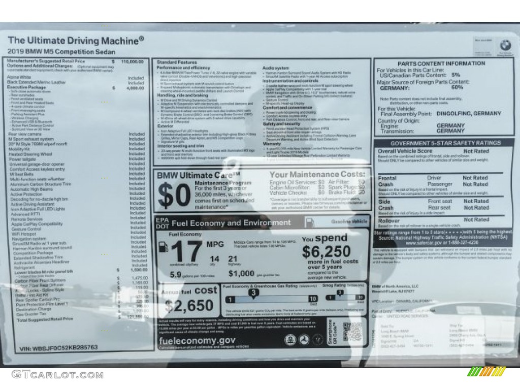 2019 BMW M5 Competition Window Sticker Photo #131193537