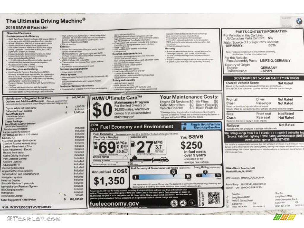 2019 BMW i8 Roadster Window Sticker Photo #131200524