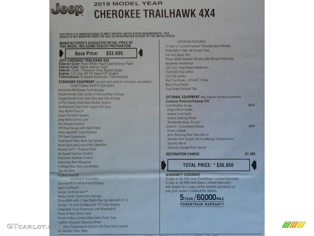 2019 Cherokee Trailhawk 4x4 - Pearl White / Black photo #34