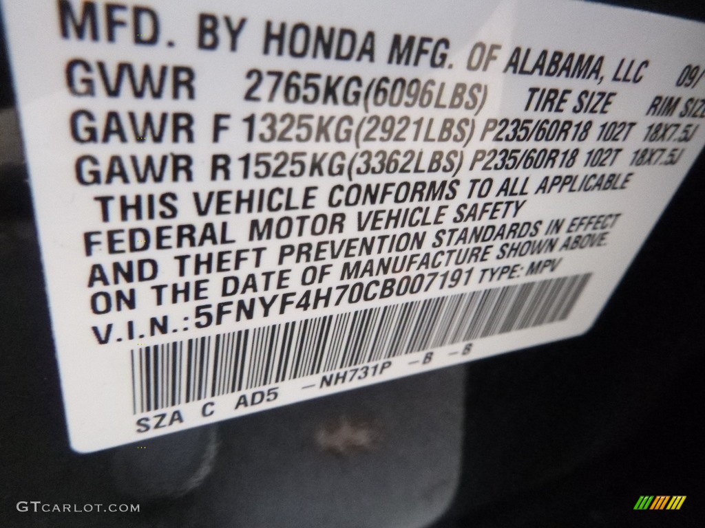 2012 Pilot EX-L 4WD - Crystal Black Pearl / Gray photo #16