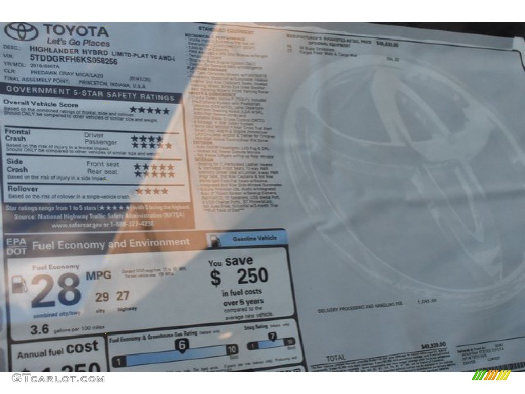 2019 Toyota Highlander Hybrid Limited AWD Window Sticker Photo #131304132