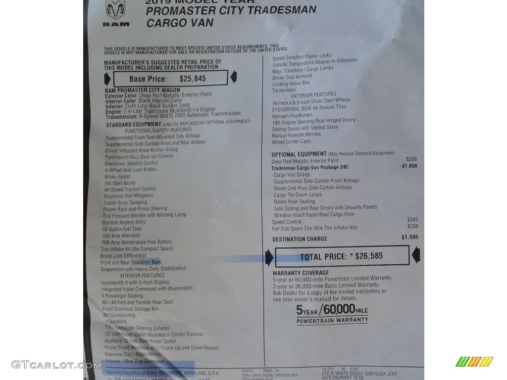 2019 Ram ProMaster City Tradesman Cargo Van Window Sticker Photo #131367752