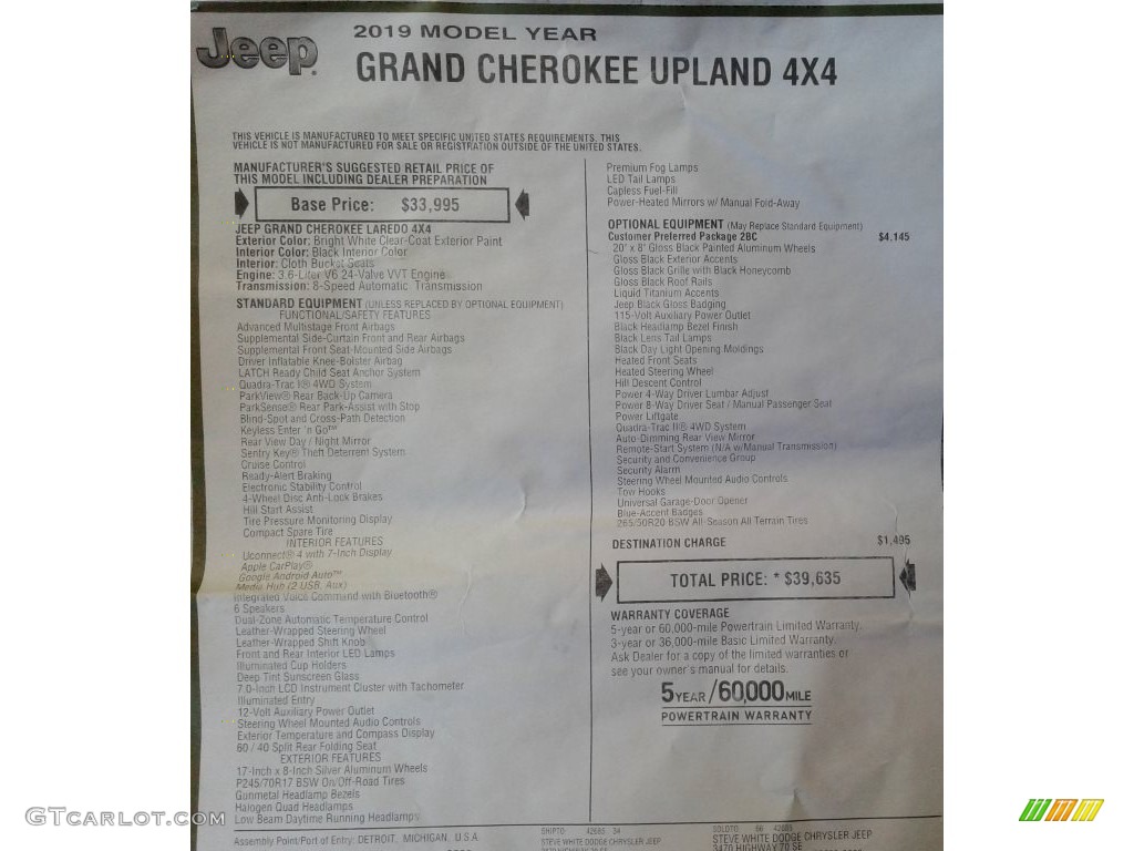 2019 Grand Cherokee Upland 4x4 - Bright White / Black photo #36