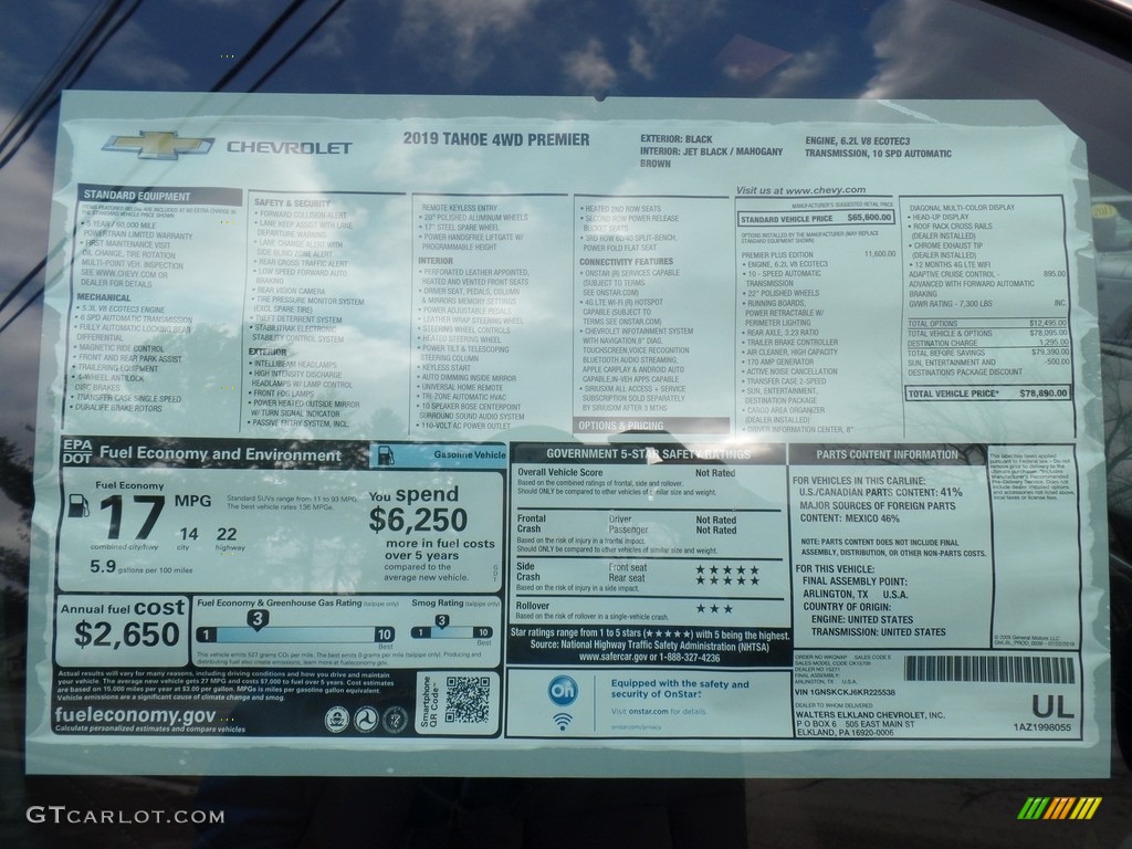 2019 Chevrolet Tahoe Premier 4WD Window Sticker Photo #131379989