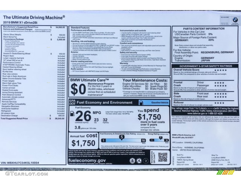 2019 BMW X1 sDrive28i Window Sticker Photo #131382275