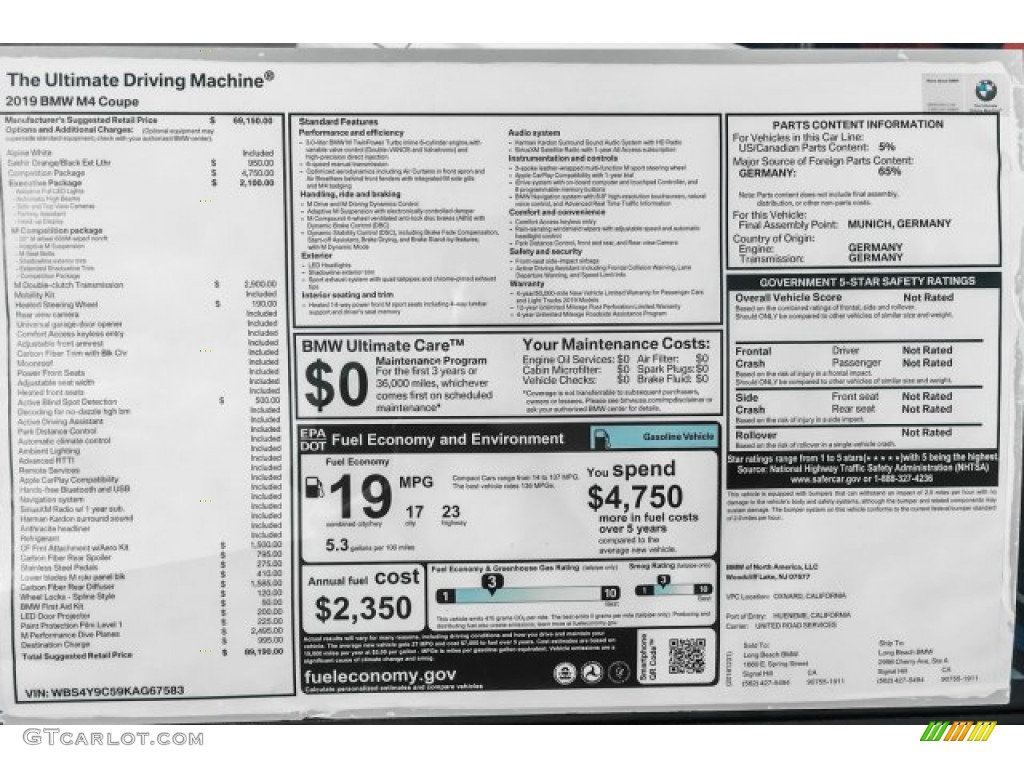 2019 BMW M4 Coupe Window Sticker Photos
