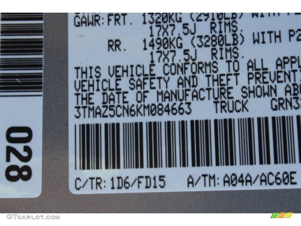 2019 Tacoma Color Code 1D6 for Silver Sky Metallic Photo #131396760