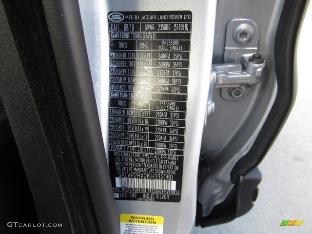 2019 Range Rover Evoque Color Code 1AC for Indus Silver Metallic Photo #131397696