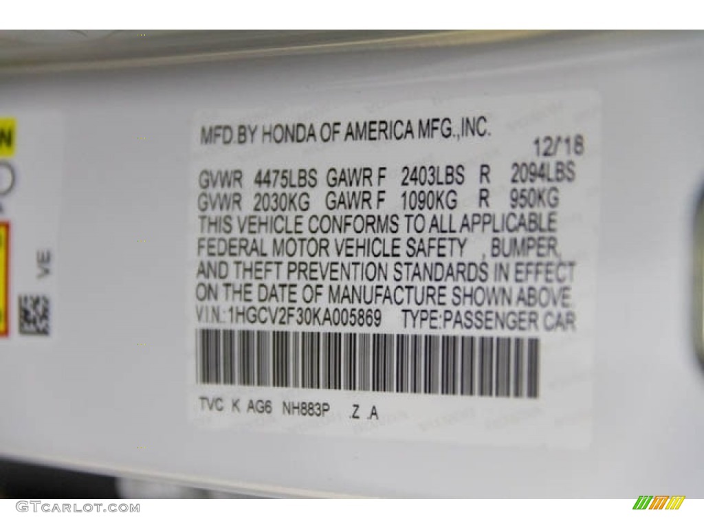 2019 Accord Color Code NH883P for Platinum White Pearl Photo #131409516