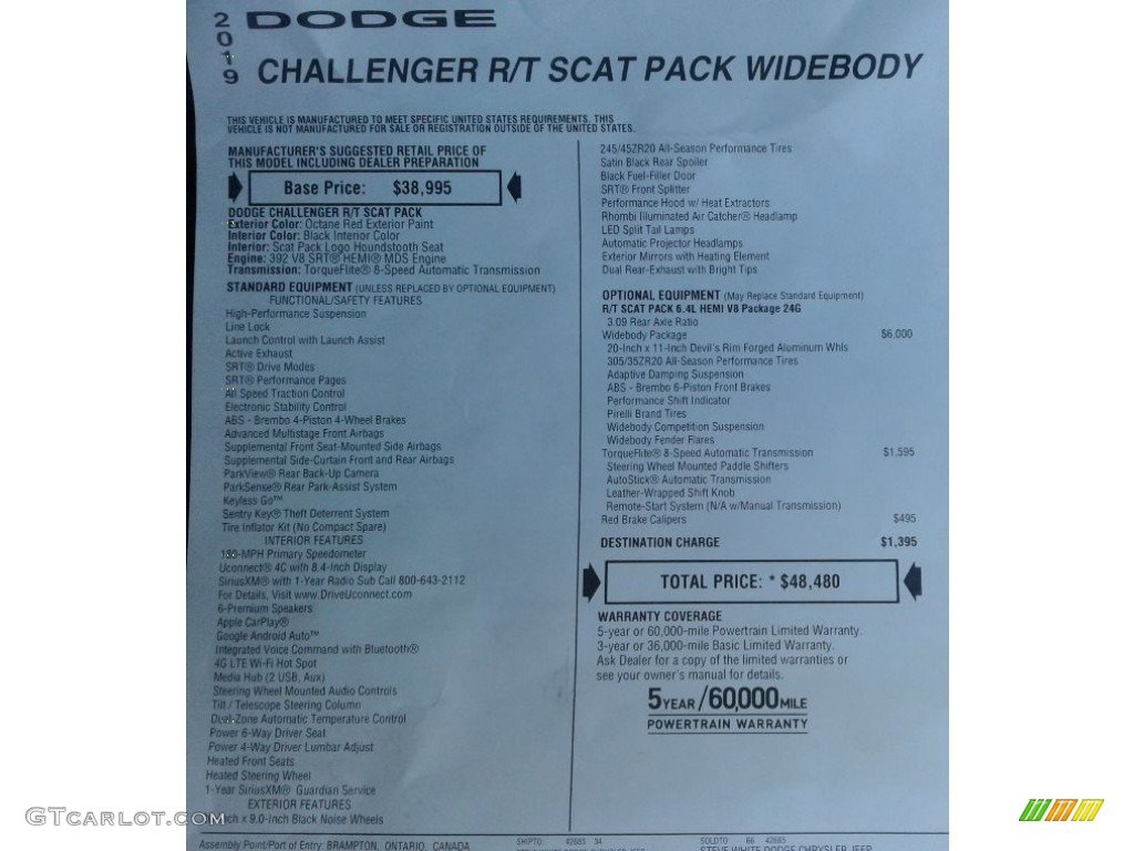 2019 Dodge Challenger R/T Scat Pack Widebody Window Sticker Photo #131411100