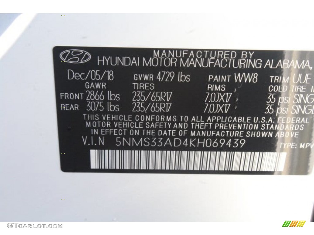 2019 Santa Fe Color Code WW8 for Quartz White Photo #131421362