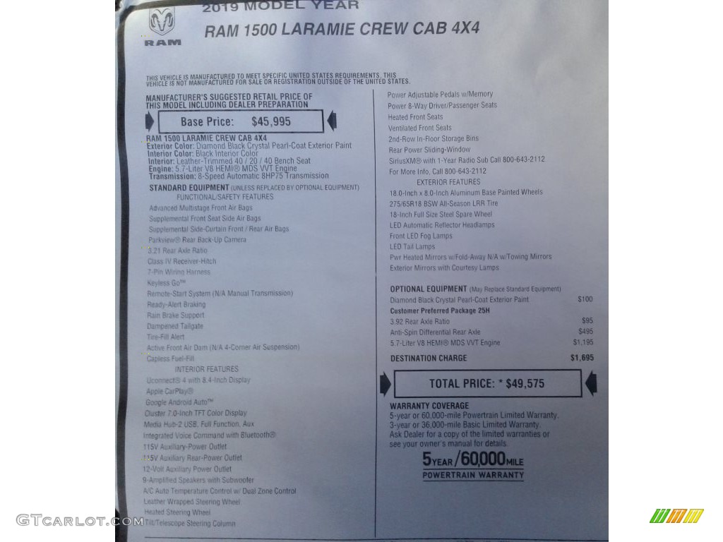2019 1500 Laramie Crew Cab 4x4 - Diamond Black Crystal Pearl / Black photo #37