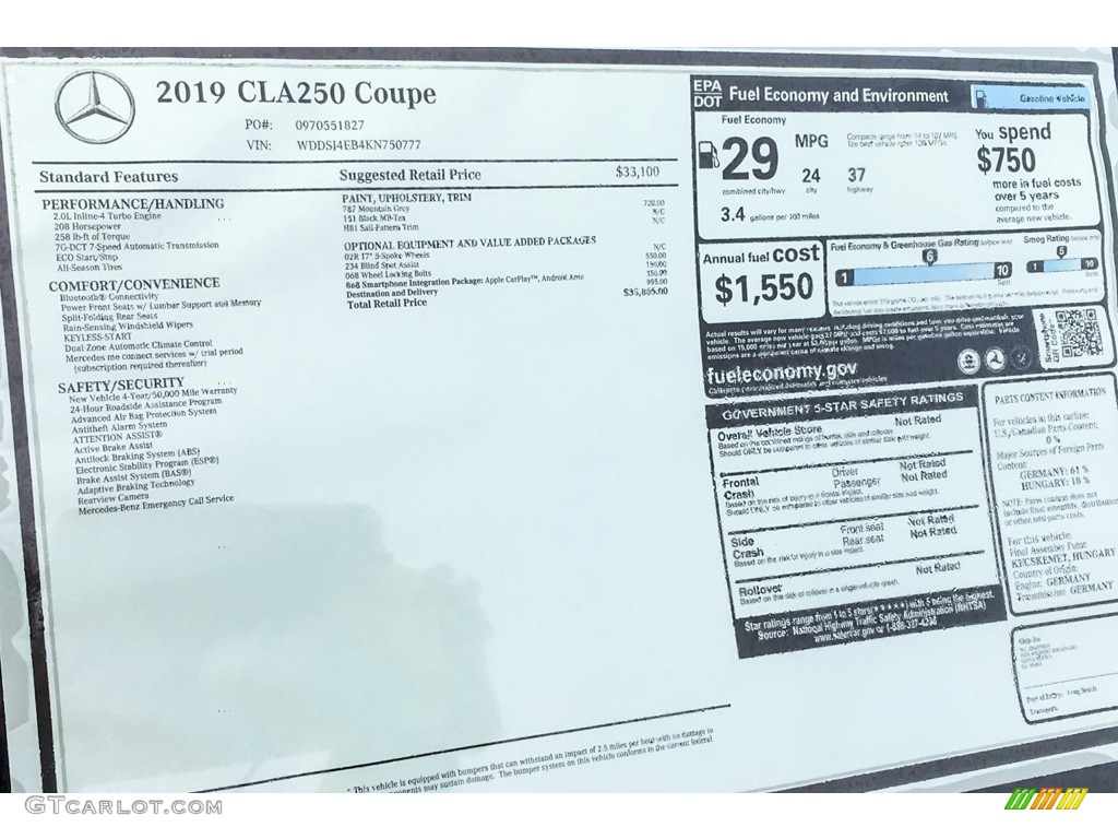 2019 CLA 250 Coupe - Mountain Grey Metallic / Black photo #10