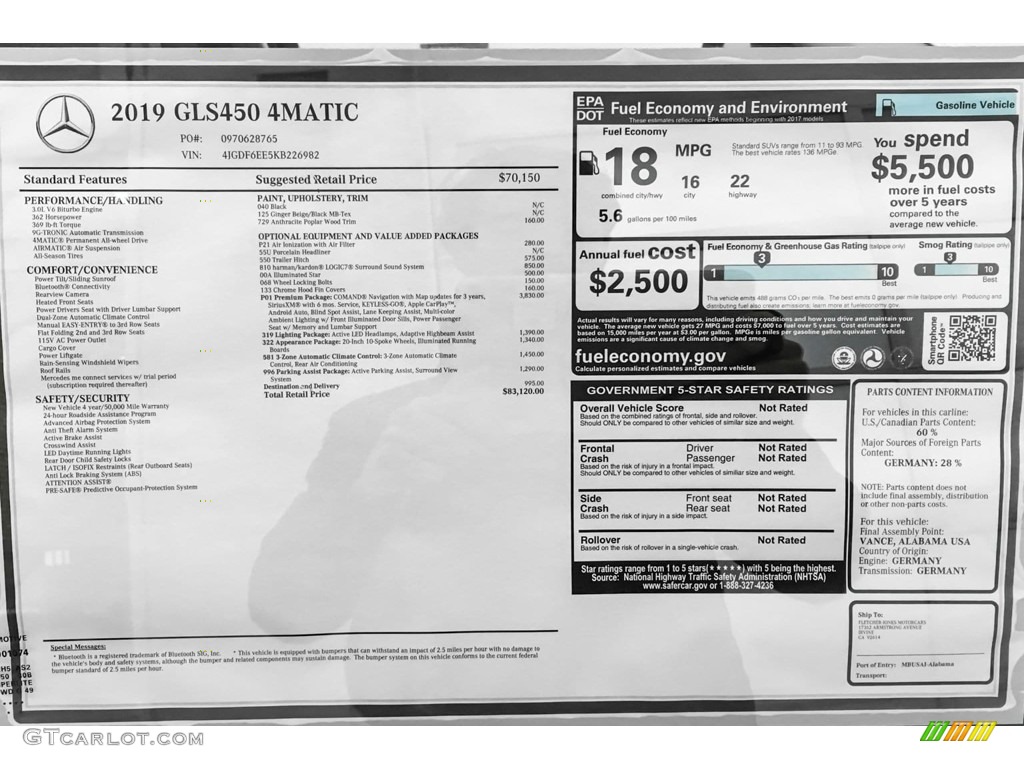 2019 Mercedes-Benz GLS 450 4Matic Window Sticker Photo #131448334