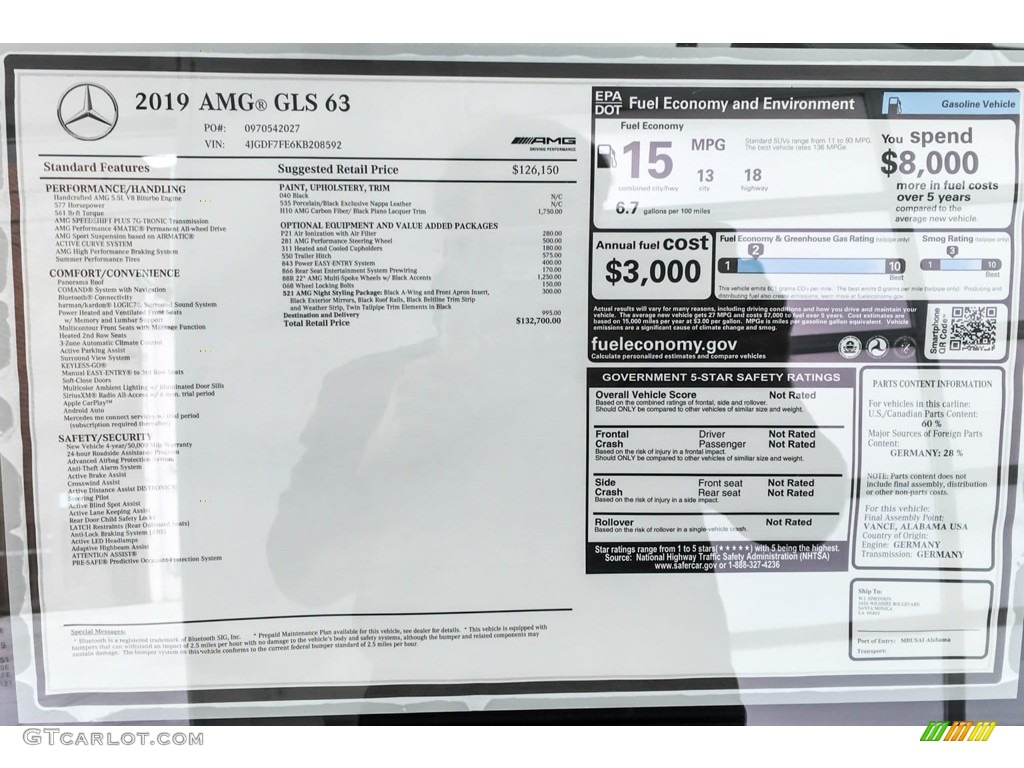 2019 Mercedes-Benz GLS 63 AMG 4Matic Window Sticker Photo #131449288