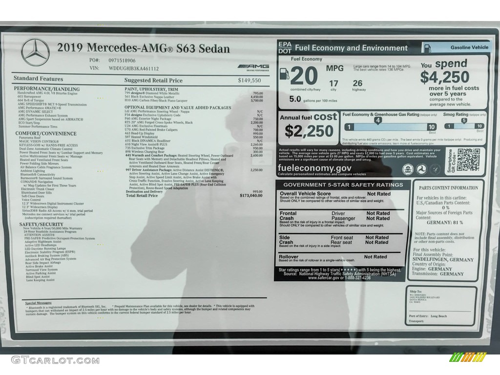 2019 Mercedes-Benz S AMG 63 4Matic Sedan Window Sticker Photo #131449960