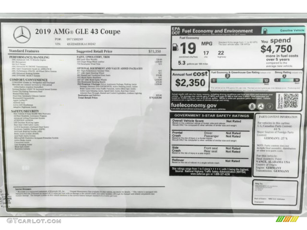 2019 Mercedes-Benz GLE 43 AMG 4Matic Coupe Premium Package Window Sticker Photos