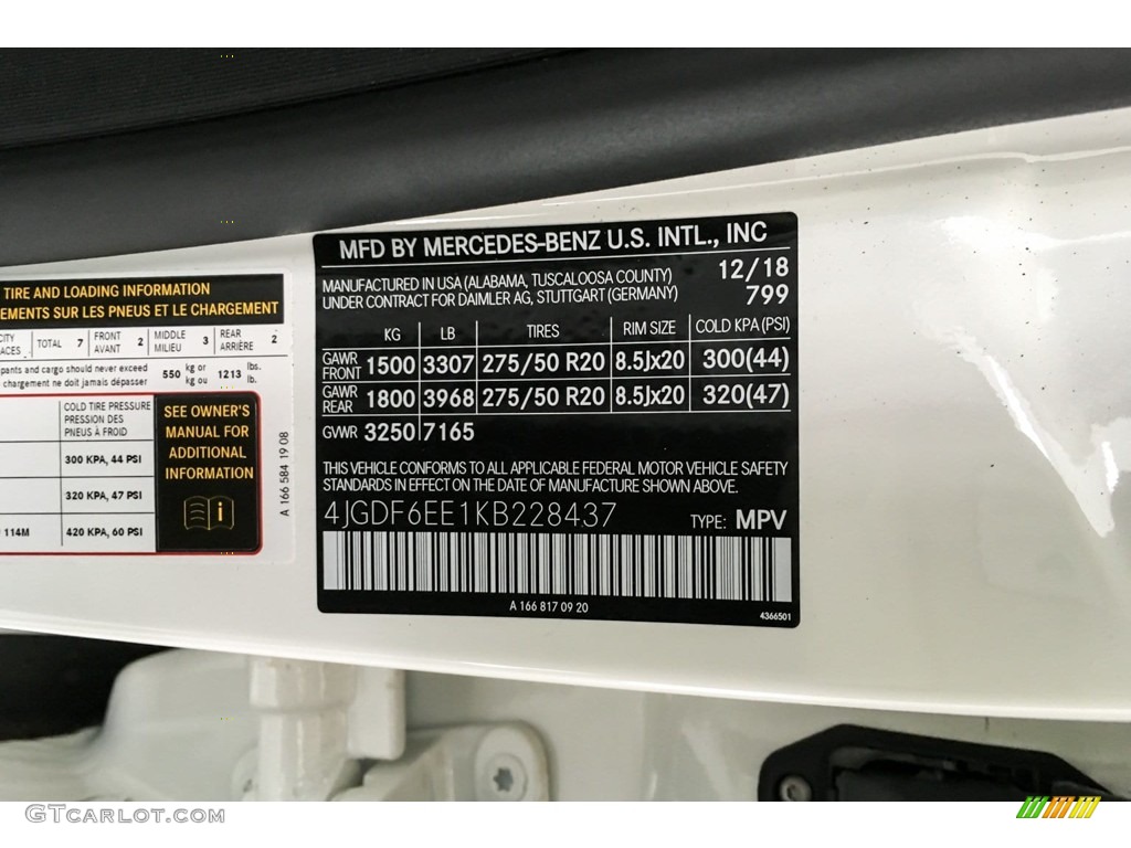 2019 GLS Color Code 799 for designo Diamond White Metallic Photo #131466372