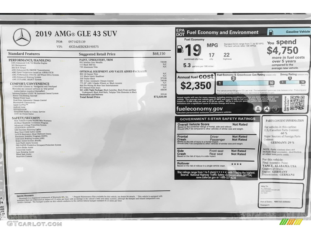 2019 Mercedes-Benz GLE 43 AMG 4Matic Window Sticker Photo #131467146