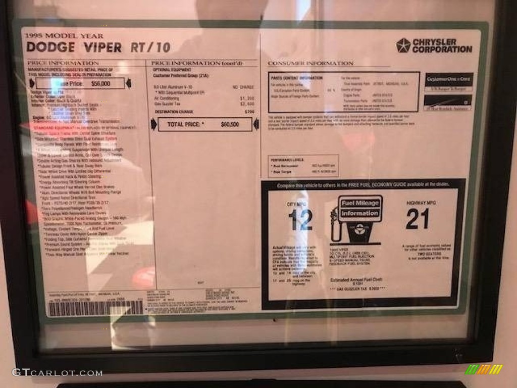 1995 Dodge Viper RT-10 Window Sticker Photo #131492314