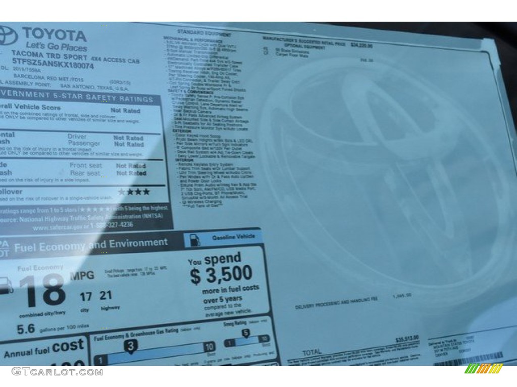 2019 Toyota Tacoma TRD Sport Access Cab 4x4 Window Sticker Photo #131502712
