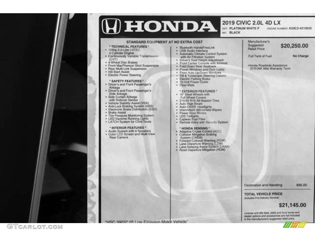2019 Honda Civic LX Sedan Window Sticker Photo #131507461