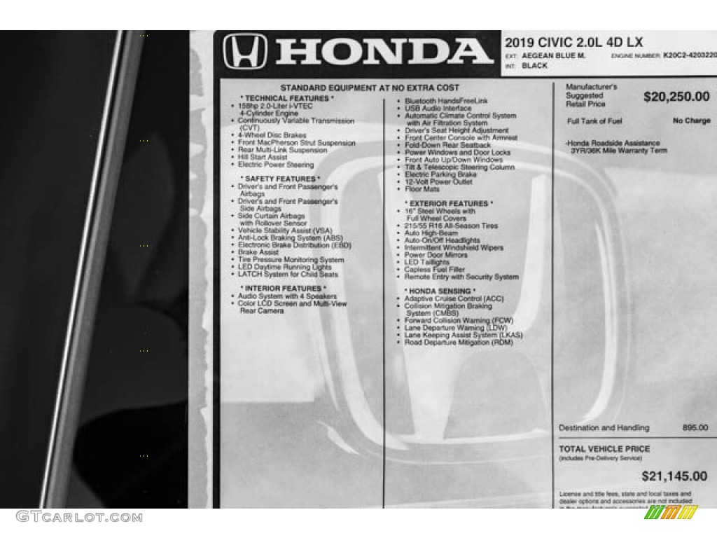 2019 Honda Civic LX Sedan Window Sticker Photos