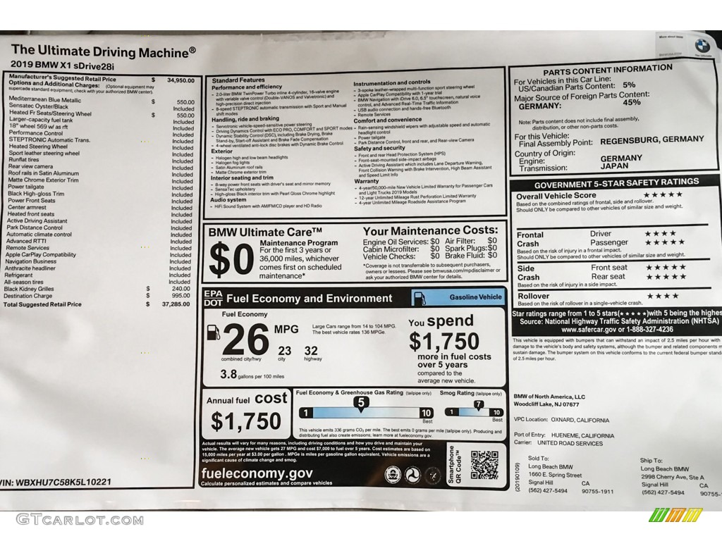 2019 BMW X1 sDrive28i Window Sticker Photo #131509279