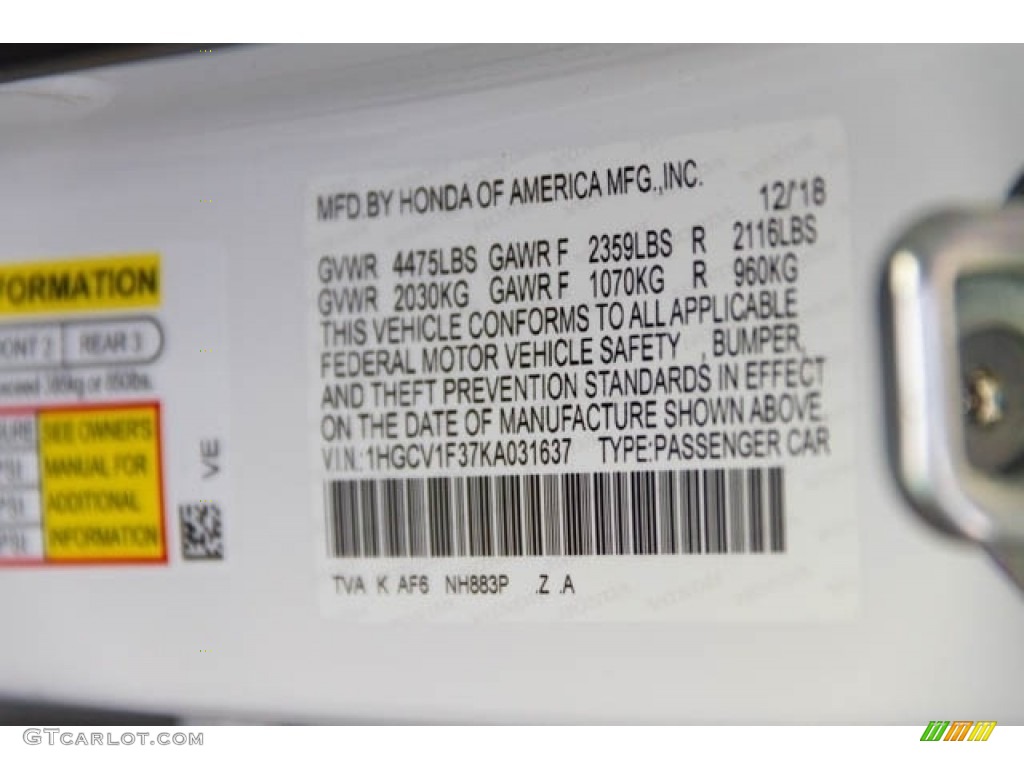 2019 Accord Color Code NH883P for Platinum White Pearl Photo #131512684