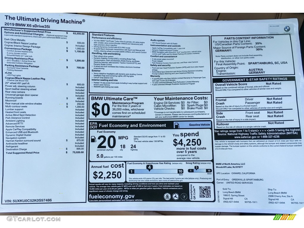 2019 BMW X6 sDrive35i Window Sticker Photos