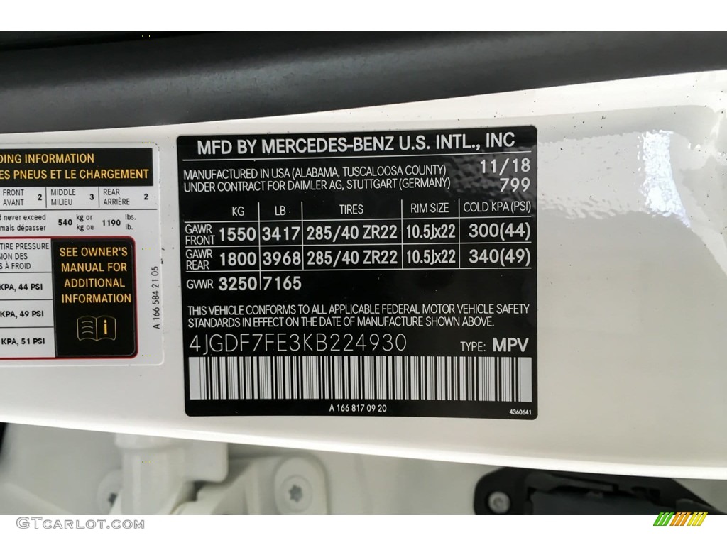 2019 GLS Color Code 799 for designo Diamond White Metallic Photo #131557073