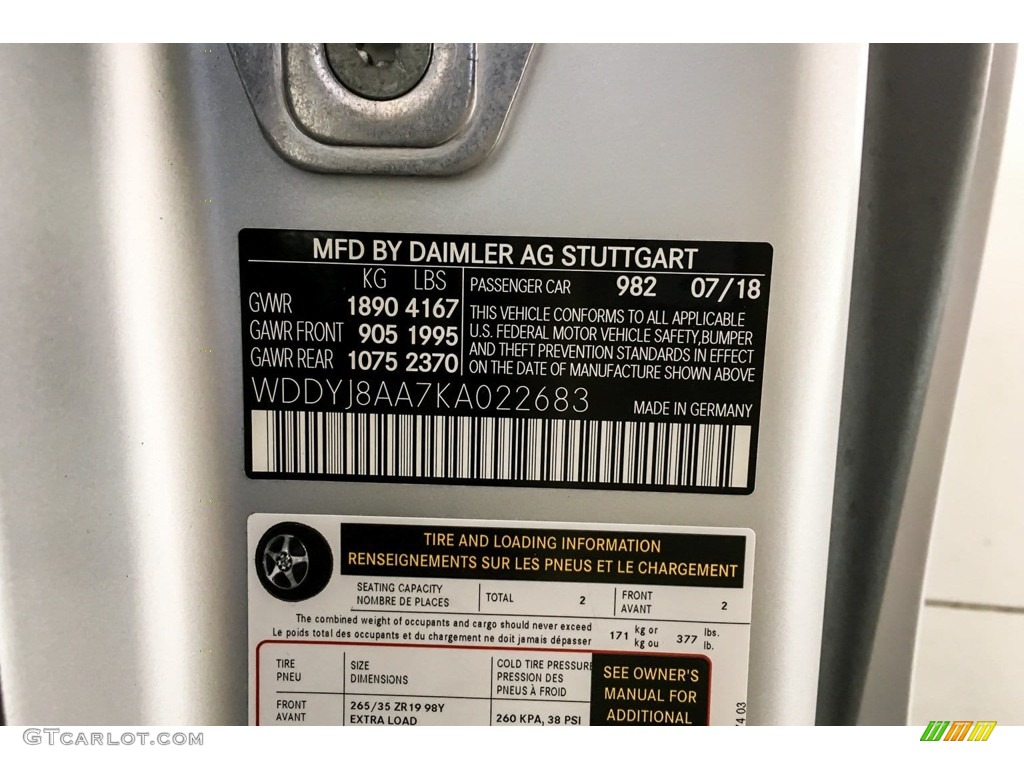 2019 AMG GT Color Code 982 for designo Iridium Silver Magno (Matte) Photo #131558930