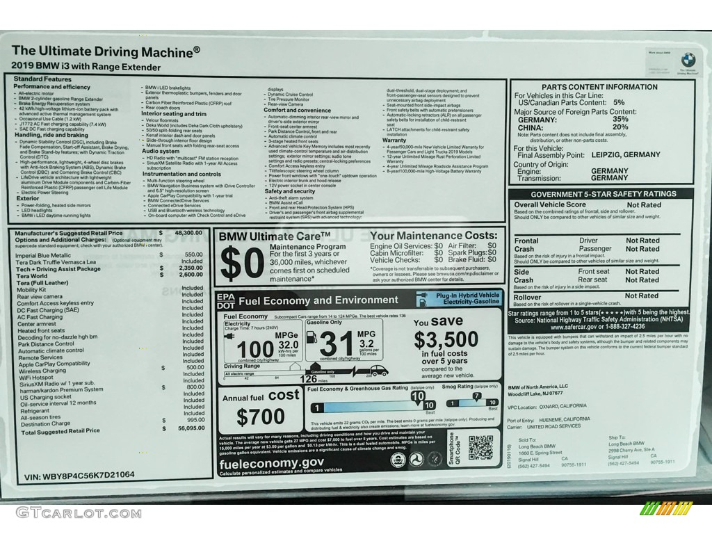 2019 BMW i3 with Range Extender Window Sticker Photos