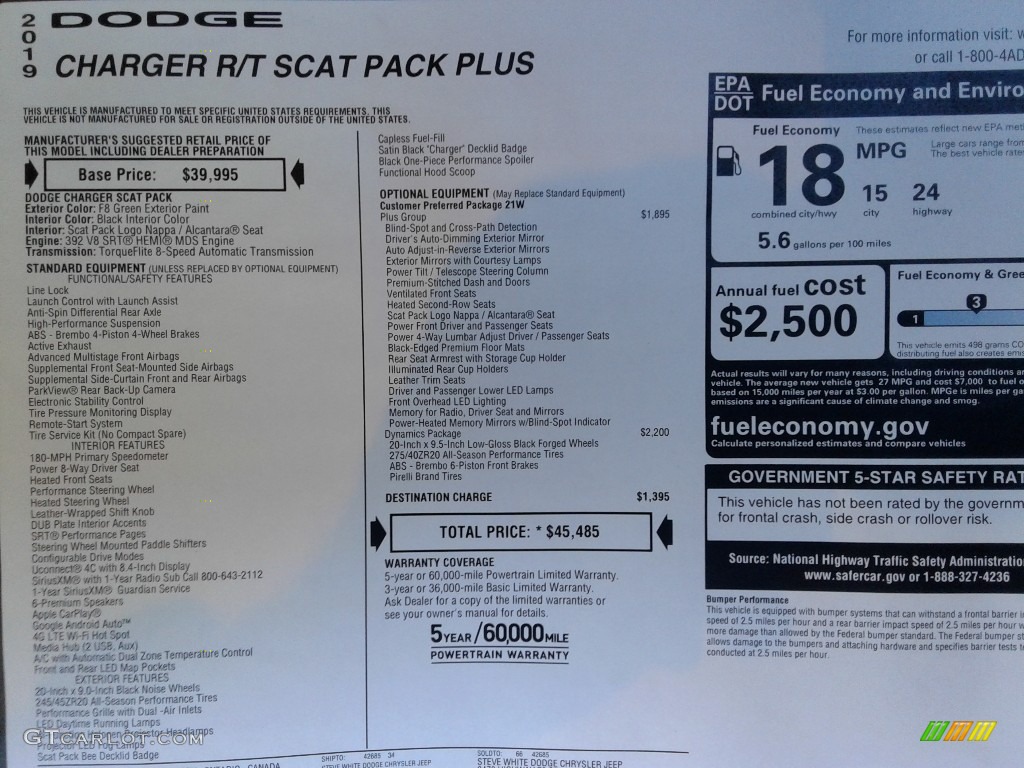 2019 Dodge Charger R/T Scat Pack Window Sticker Photo #131597629