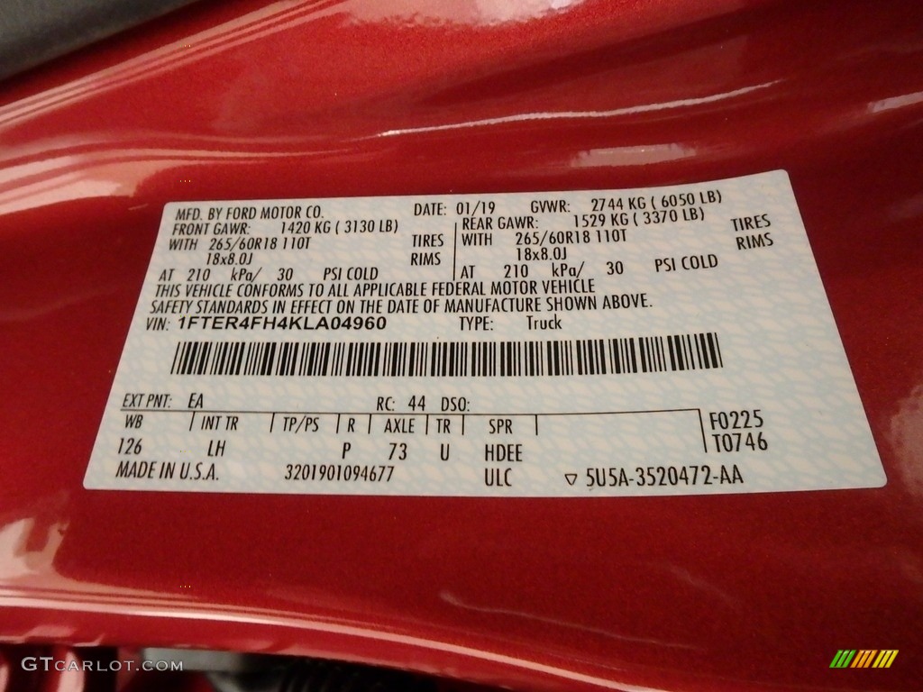 2019 Ranger Color Code EA for Hot Pepper Red Metallic Photo #131612971