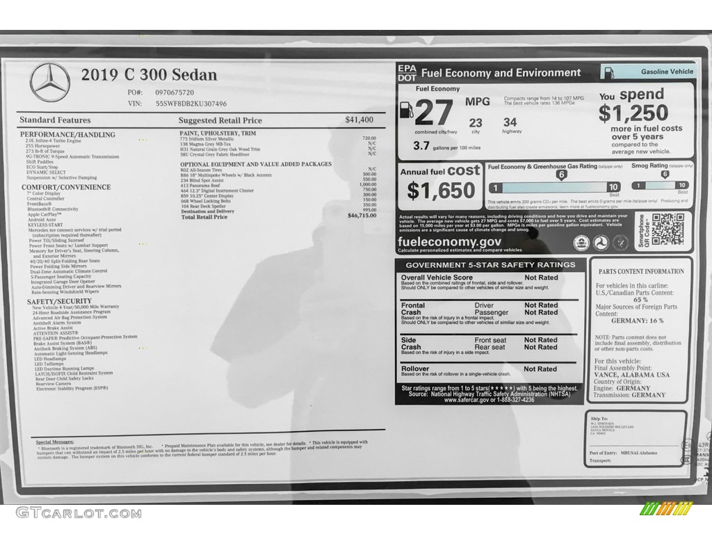 2019 Mercedes-Benz C 300 Sedan Window Sticker Photo #131626874