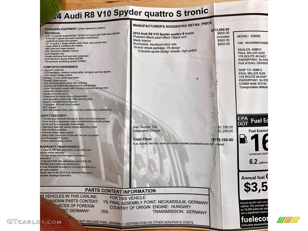 2014 Audi R8 Spyder V10 Window Sticker Photo #131627020