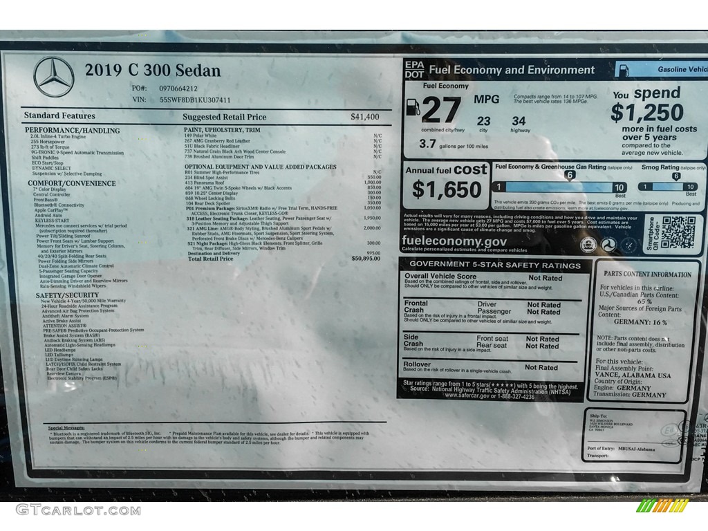 2019 Mercedes-Benz C 300 Sedan Window Sticker Photo #131627089