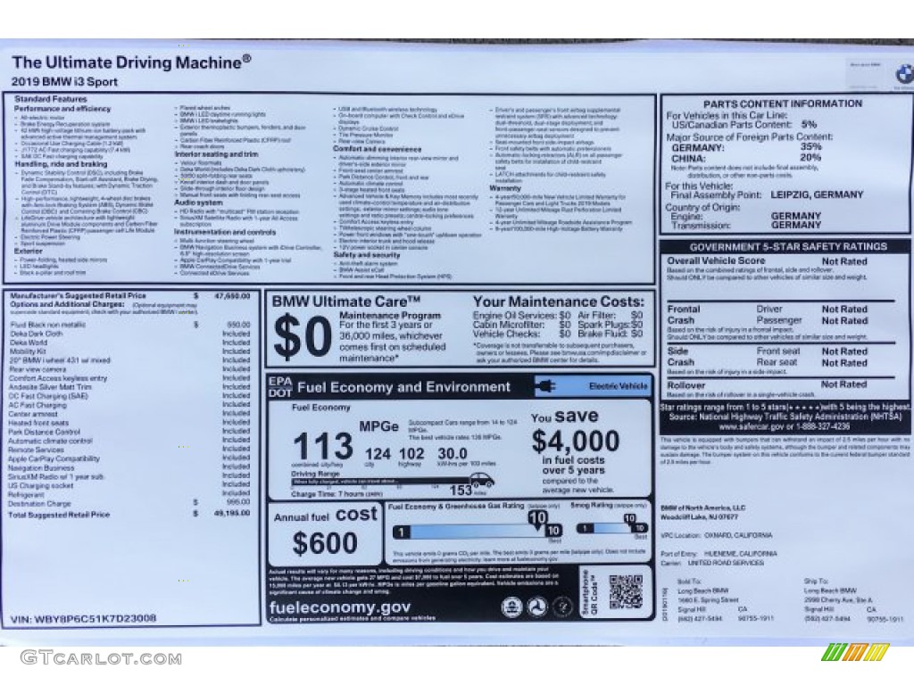 2019 BMW i3 S Window Sticker Photo #131627671