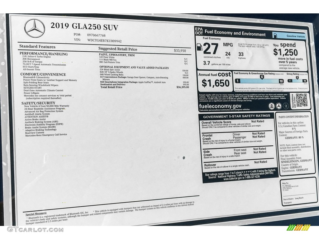 2019 Mercedes-Benz GLA 250 Window Sticker Photo #131628205
