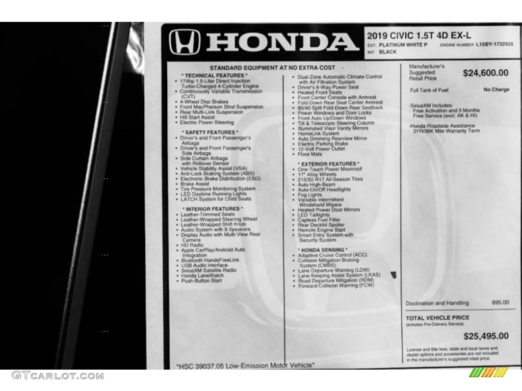2019 Civic EX-L Sedan - Platinum White Pearl / Black photo #37