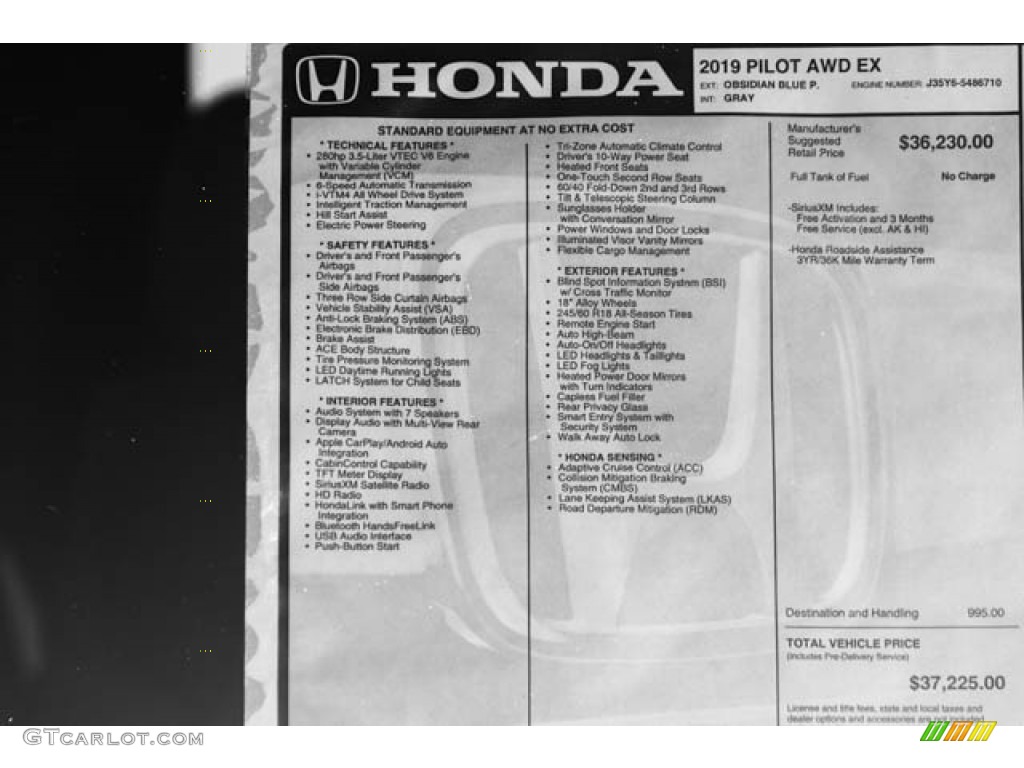 2019 Honda Pilot EX AWD Window Sticker Photos
