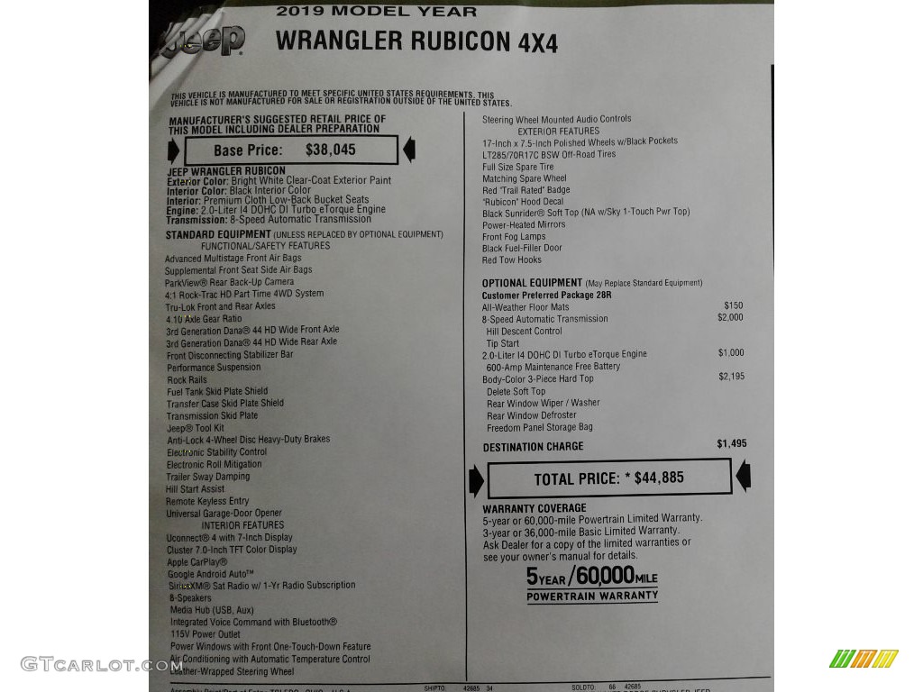 2019 Wrangler Rubicon 4x4 - Bright White / Black photo #31