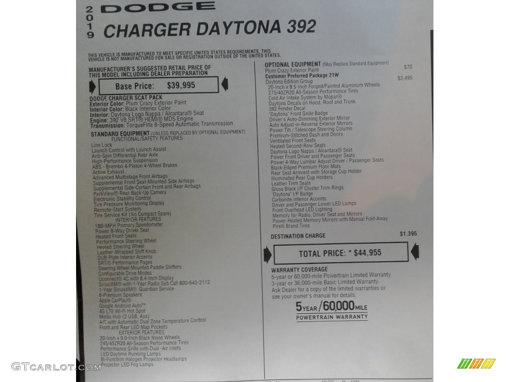 2019 Dodge Charger Daytona 392 Window Sticker Photo #131704030