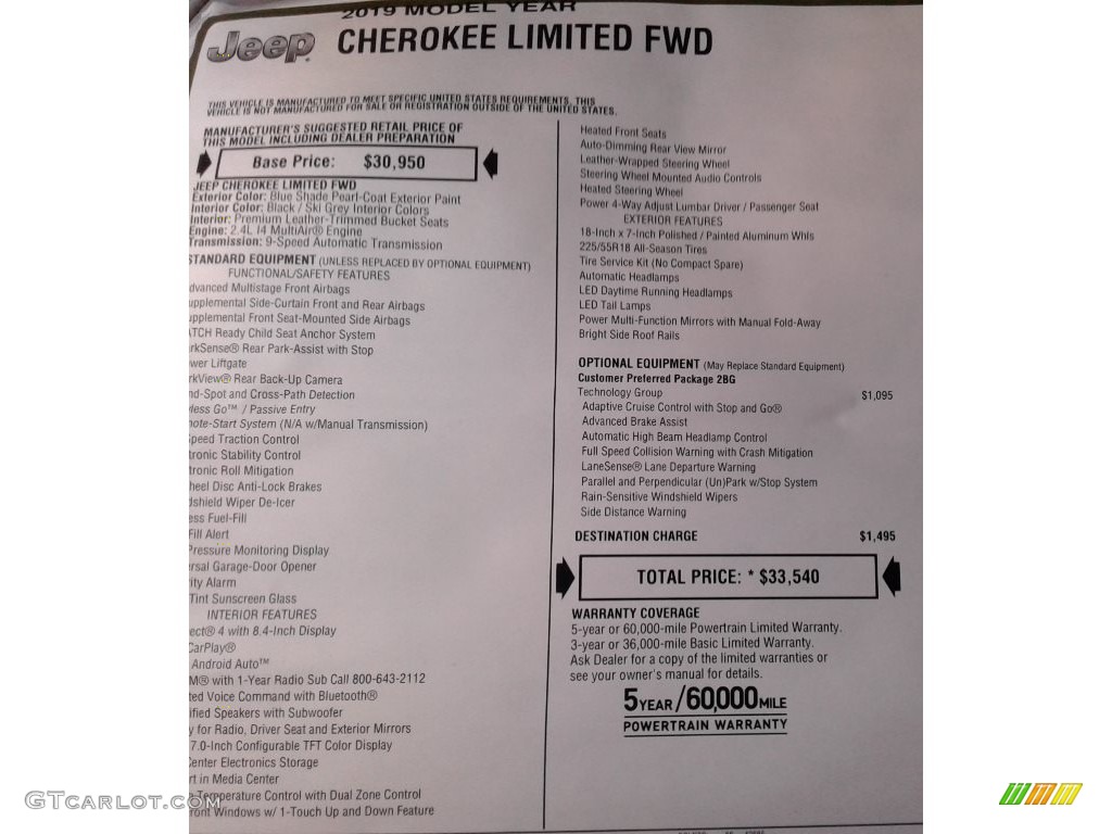 2019 Jeep Cherokee Limited Window Sticker Photo #131712941